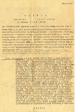 Opinia składu sądzącego Reginę Ozgę „Lilkę” (strona 1), świadcząca o jej wyjątkowo godnej postawie w obliczu zasądzonej kary śmierci w dn. 14 VIII 1952 r.