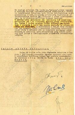 Opinia składu sądzącego Reginę Ozgę „Lilkę” (strona 2), świadcząca o jej wyjątkowo godnej postawie w obliczu zasądzonej kary śmierci w dn. 14 VIII 1952 r.