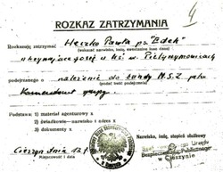 Rozkaz zatrzymania Pawła Heczko wydany 13 lipca 1946 roku przez szefa PUBP w Cieszynie.