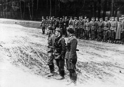 Przed szeregiem oddziałów Narodowego Zjednoczenia Wojskowego stoją od lewej: Józef Zadzierski „Wołyniak”, Stanisław Pelczar „Majka” i Bronisław Gliniak „Radwan”,  Rzeszowszczyzna, 3 maja 1945 r.
