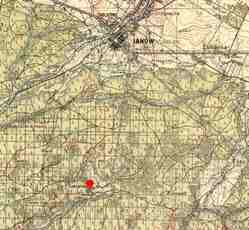 Wycinek mapy terenu (WIG 1933 r.), gdzie oddział "Garbatego" stoczył swoją ostatnią walkę z obławą UB-KBW. Czerwoną kropką zaznaczono miejscowość Szklarnia, w okolicach której część partyzantów uderzyła na pierścień okrążenia i gdzie zginął d-ca grupy, Adam Kusz.